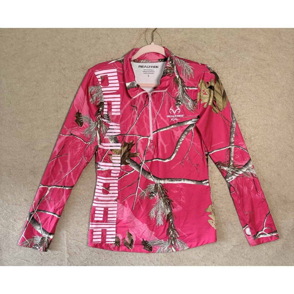 Realtree Camo Shirt Womens Sz L Pink 1/4 Zip‎ Spell Out Stretch Hunting